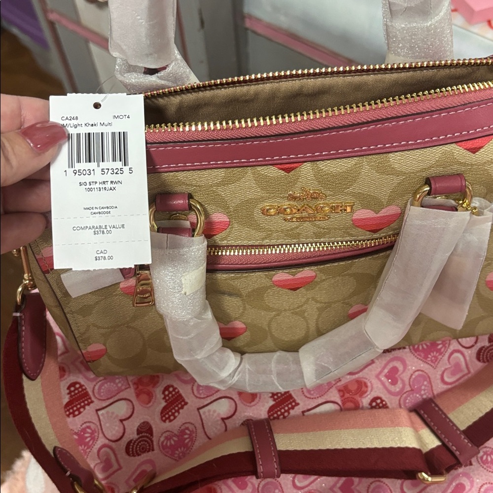 Coach Tan and Pink Heart Print  Rowen Satchel and matching wallet - Picture 7 of 8